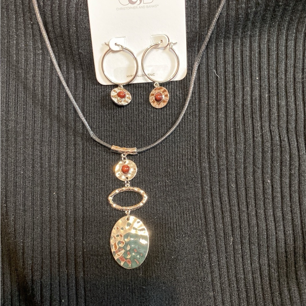C & B hammered tiered, corded, 24 inch necklace, earrings, set, NWT